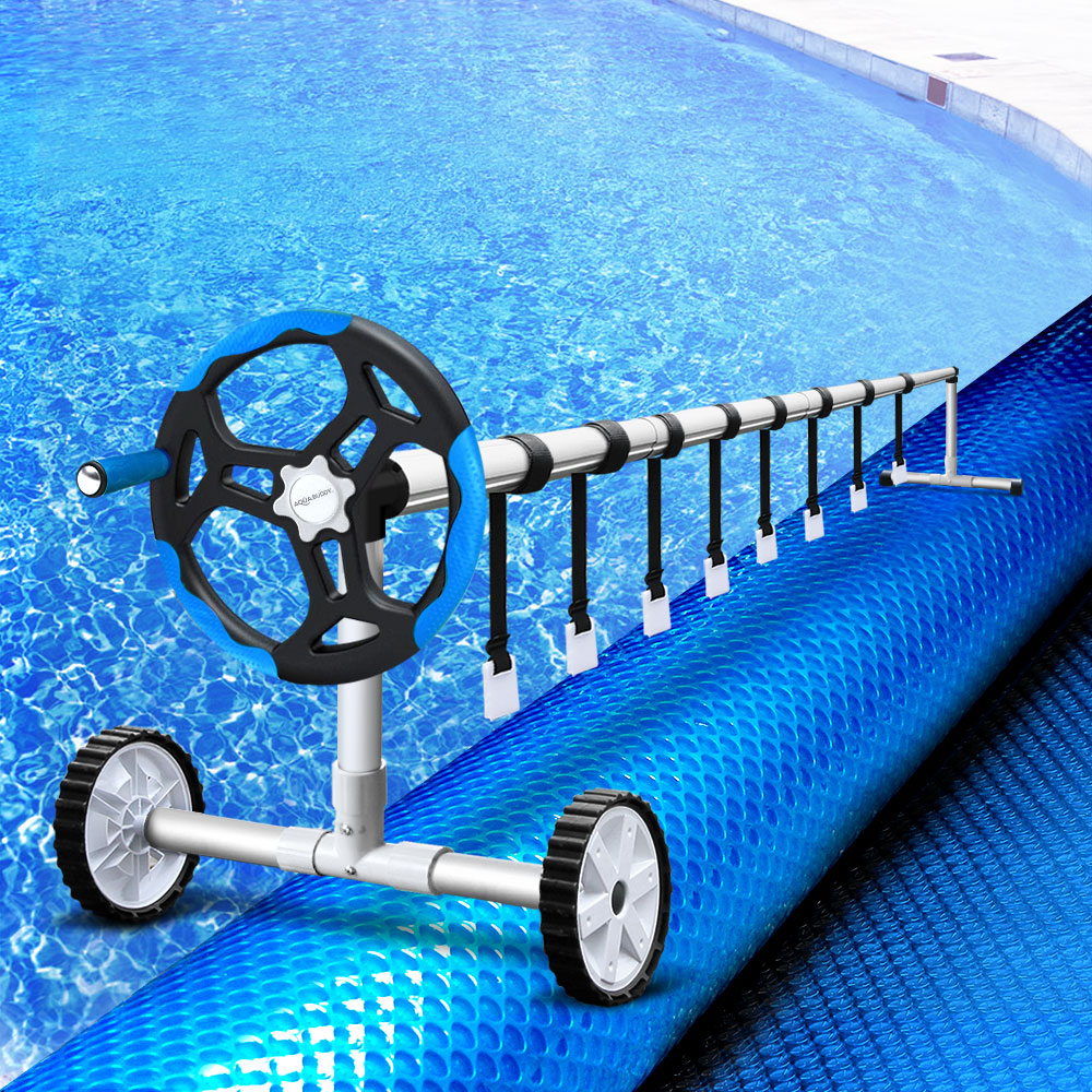 Aquabuddy 8x4.2m Pool Cover Roller Combo featuring a durable aluminium roller and a blue and silver solar blanket for effective pool maintenance.